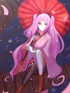 Preview wallpaper girl, glance, kimono, petals, umbrella, anime