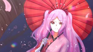 Preview wallpaper girl, glance, kimono, petals, umbrella, anime