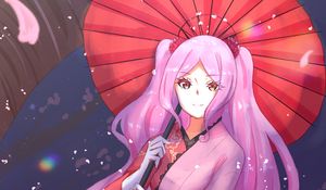 Preview wallpaper girl, glance, kimono, petals, umbrella, anime