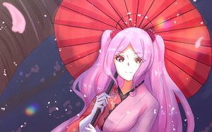 Preview wallpaper girl, glance, kimono, petals, umbrella, anime