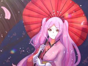 Preview wallpaper girl, glance, kimono, petals, umbrella, anime