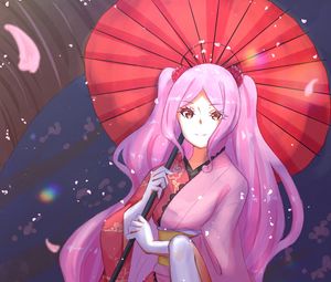 Preview wallpaper girl, glance, kimono, petals, umbrella, anime