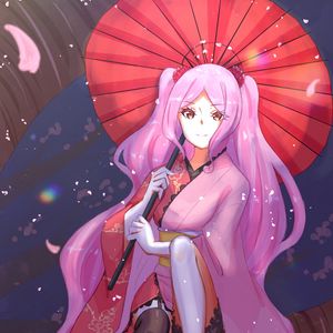 Preview wallpaper girl, glance, kimono, petals, umbrella, anime