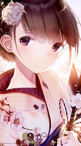 Preview wallpaper girl, glance, kimono, sakura, flowers, anime