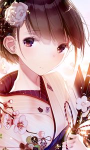 Preview wallpaper girl, glance, kimono, sakura, flowers, anime