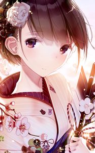 Preview wallpaper girl, glance, kimono, sakura, flowers, anime