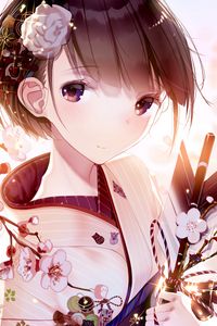 Preview wallpaper girl, glance, kimono, sakura, flowers, anime