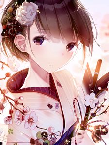 Preview wallpaper girl, glance, kimono, sakura, flowers, anime