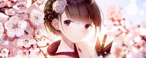Preview wallpaper girl, glance, kimono, sakura, flowers, anime