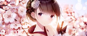 Preview wallpaper girl, glance, kimono, sakura, flowers, anime