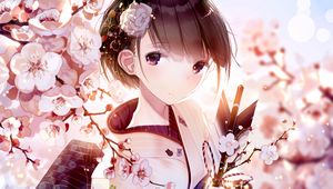 Preview wallpaper girl, glance, kimono, sakura, flowers, anime