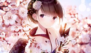 Preview wallpaper girl, glance, kimono, sakura, flowers, anime