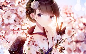 Preview wallpaper girl, glance, kimono, sakura, flowers, anime