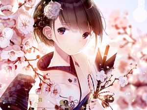 Preview wallpaper girl, glance, kimono, sakura, flowers, anime