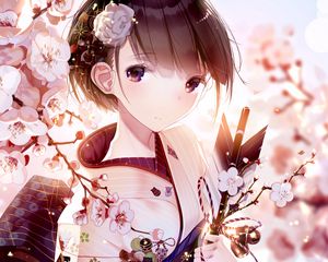 Preview wallpaper girl, glance, kimono, sakura, flowers, anime