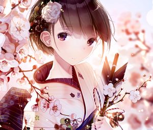 Preview wallpaper girl, glance, kimono, sakura, flowers, anime