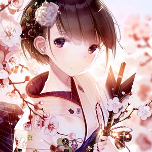 Preview wallpaper girl, glance, kimono, sakura, flowers, anime