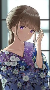 Preview wallpaper girl, glance, kimono, flowers, anime