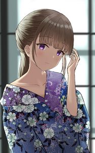 Preview wallpaper girl, glance, kimono, flowers, anime