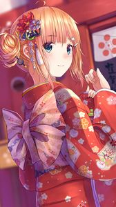 Preview wallpaper girl, glance, kimono, anime, red