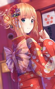 Preview wallpaper girl, glance, kimono, anime, red