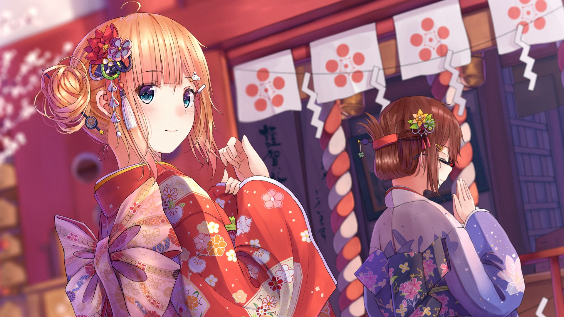 Download wallpaper 1920x1080 girl, glance, kimono, anime, red full hd