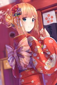 Preview wallpaper girl, glance, kimono, anime, red