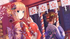 Preview wallpaper girl, glance, kimono, anime, red