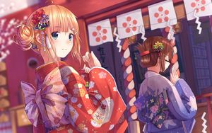 Preview wallpaper girl, glance, kimono, anime, red