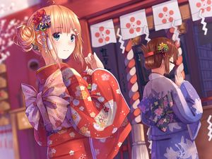 Preview wallpaper girl, glance, kimono, anime, red