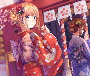 Preview wallpaper girl, glance, kimono, anime, red