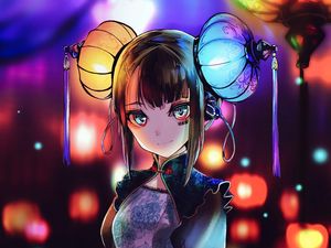 Preview wallpaper girl, glance, lanterns, holiday, anime, art