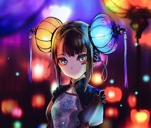 Preview wallpaper girl, glance, lanterns, holiday, anime, art