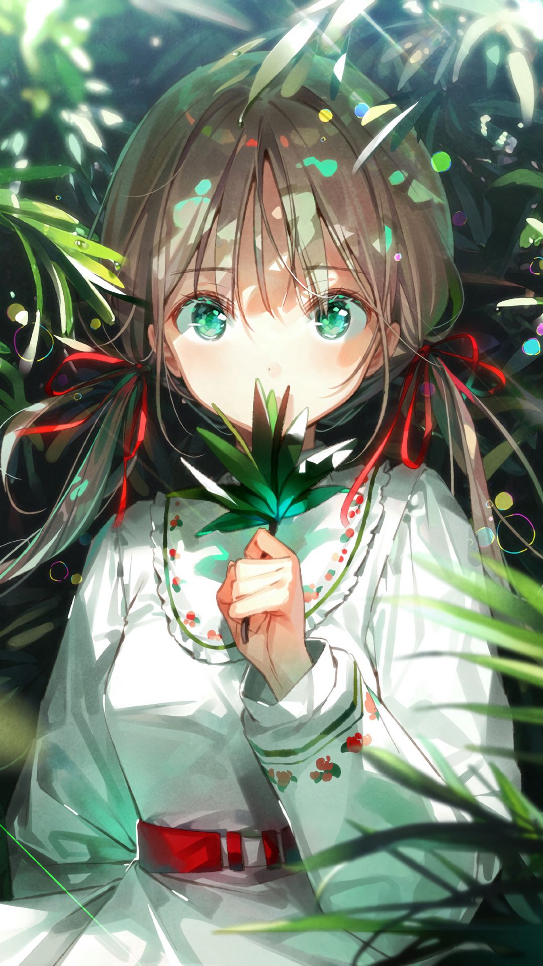 Download wallpaper 1080x1920 girl, glance, leaves, rays, anime, art ...