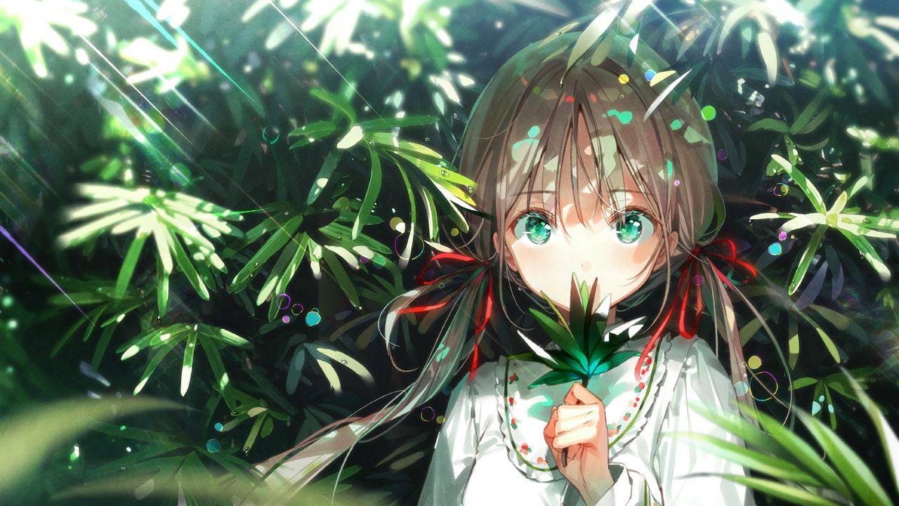 Wallpaper girl, glance, leaves, rays, anime, art