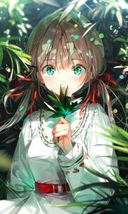 Preview wallpaper girl, glance, leaves, rays, anime, art