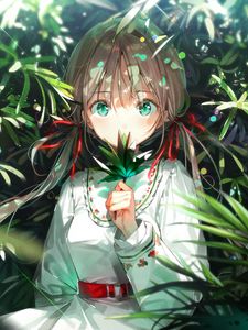 Preview wallpaper girl, glance, leaves, rays, anime, art