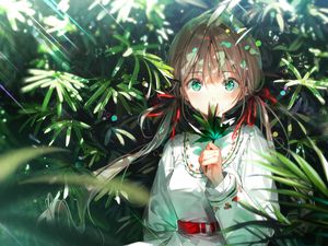 Preview wallpaper girl, glance, leaves, rays, anime, art