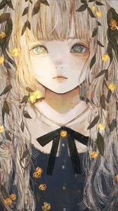 Preview wallpaper girl, glance, leaves, anime, art