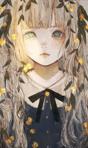 Preview wallpaper girl, glance, leaves, anime, art