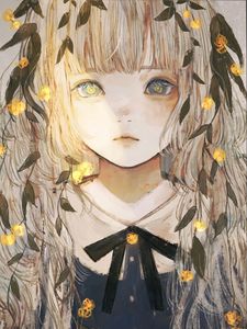 Preview wallpaper girl, glance, leaves, anime, art