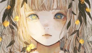 Preview wallpaper girl, glance, leaves, anime, art