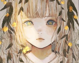 Preview wallpaper girl, glance, leaves, anime, art