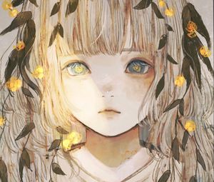 Preview wallpaper girl, glance, leaves, anime, art