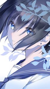 Preview wallpaper girl, glance, leaves, anime, art, blue