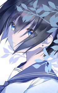 Preview wallpaper girl, glance, leaves, anime, art, blue