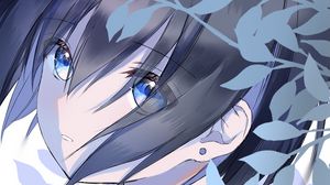 Preview wallpaper girl, glance, leaves, anime, art, blue