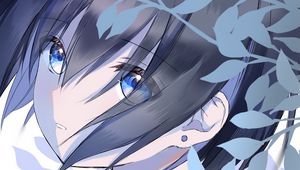 Preview wallpaper girl, glance, leaves, anime, art, blue