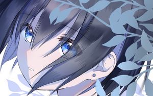 Preview wallpaper girl, glance, leaves, anime, art, blue