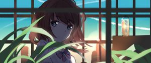 Preview wallpaper girl, glance, leaves, plant, sunset, anime, art